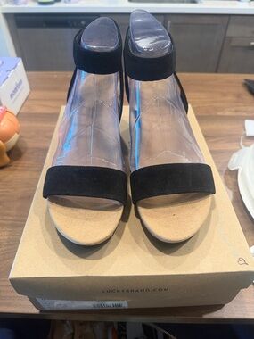 Lucky Brand Black Suede Open-Toe Ankle Strap Heels